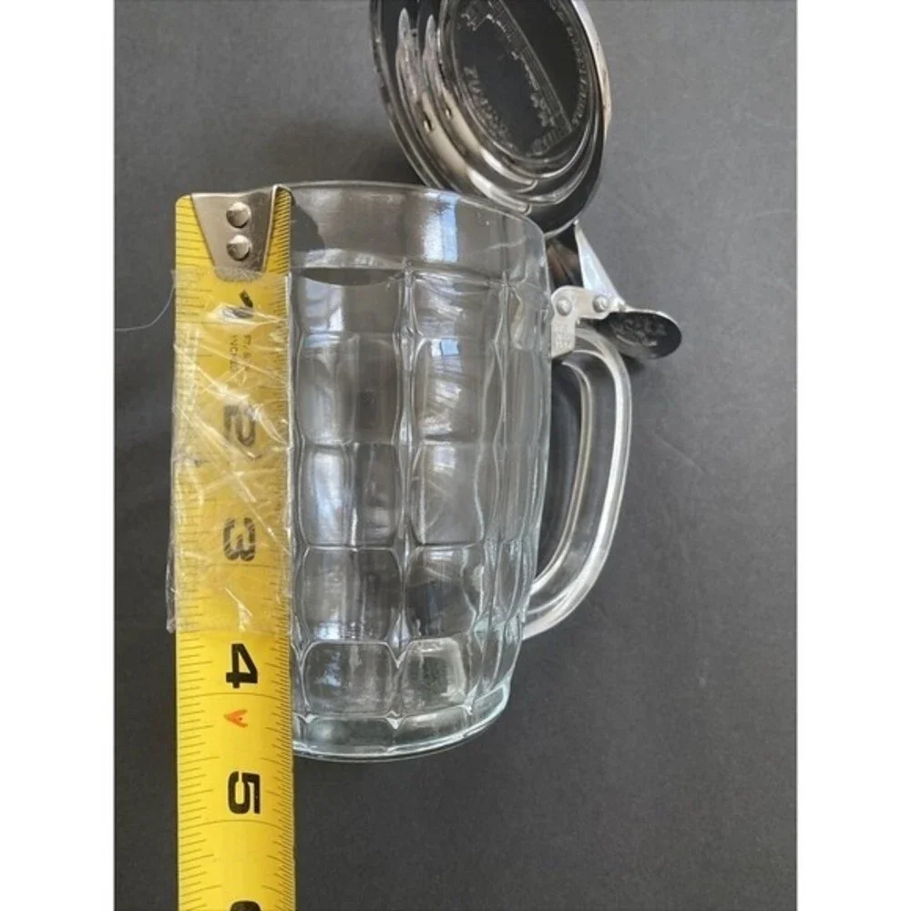 Vintage Crystal Block Cut Glass Beer Stein w/Pewter Lid and Notched Handle 10.oz